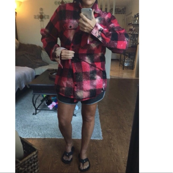 Flannel Shirt Jacket Shacket Free Bird Graphic Red Buffalo Plaid Mens Large - Picture 8 of 9